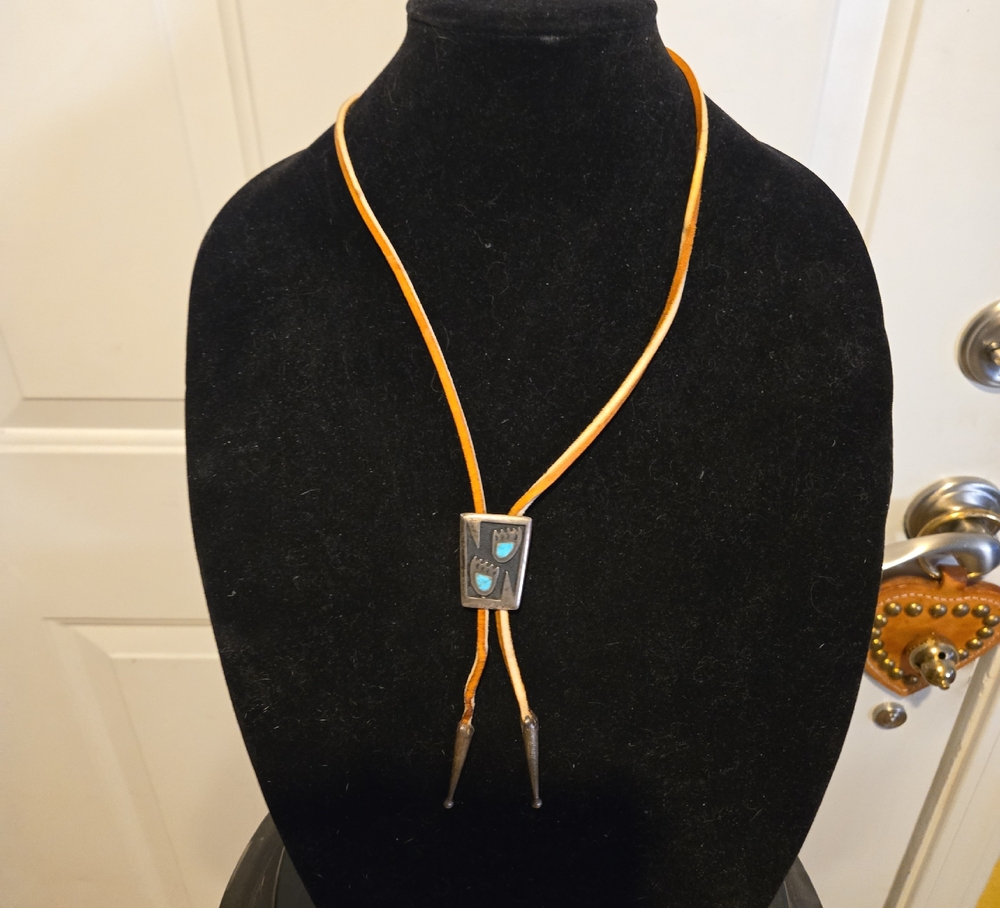 Sterling Silver & Turquoise Bolo Tie Southwestern Navajo Bear Paw Design - Picture 2 of 13